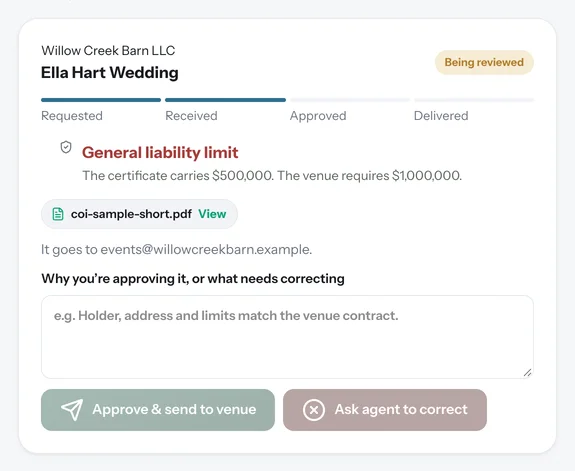 A certificate of insurance back from the agent for Ella & Marcus's venue, with StudioCue's flag: the liability limit is $500,000 and the venue requires $1,000,000.