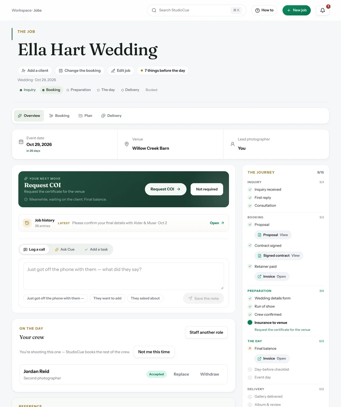 Ella & Marcus's wedding in StudioCue: where it is in the journey, the next move, and every step ticked off so far.