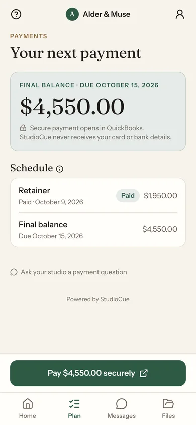 Ella's next payment on her phone: the final balance, its due date, and the retainer already paid.